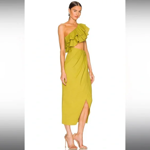 NWT Yaura Titi Green Linen Blend Ruffle Cutout Midi Dress Size 4 Small - Picture 2 of 10